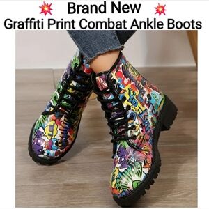 Graffiti Print Combat Ankle Boots, Size 43